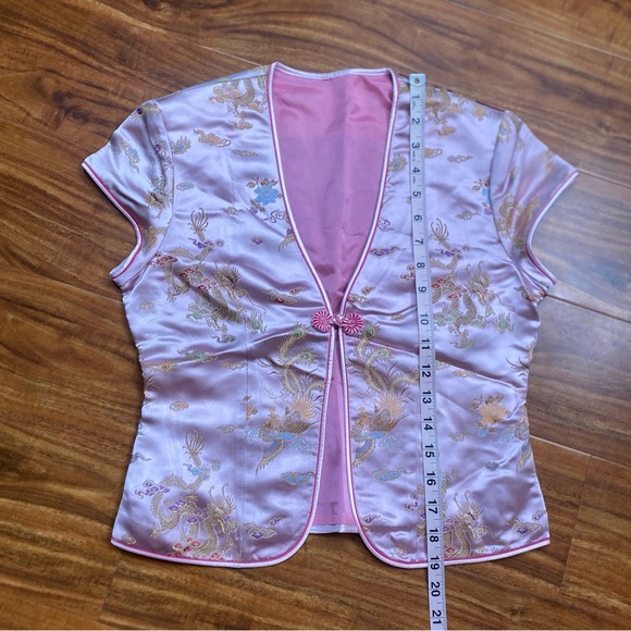 Vintage Women's Blush Pink Floral Dragon Satin Asian Cheongsam Top Size 0 Boho - Picture 9 of 10